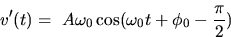 \begin{displaymath}
v'(t)= ~A\omega_0 \cos(\omega_0 t +\phi_0-\frac{\pi}{2}) \hspace*{2in}\end{displaymath}