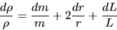 \begin{displaymath}
\frac{d\rho}{\rho} = \frac{dm}{m} + 2 \frac{dr}{r} + \frac{dL}{L} \end{displaymath}